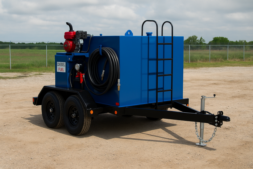 Custom-built fuel trailer with blue steel tank and hose reel