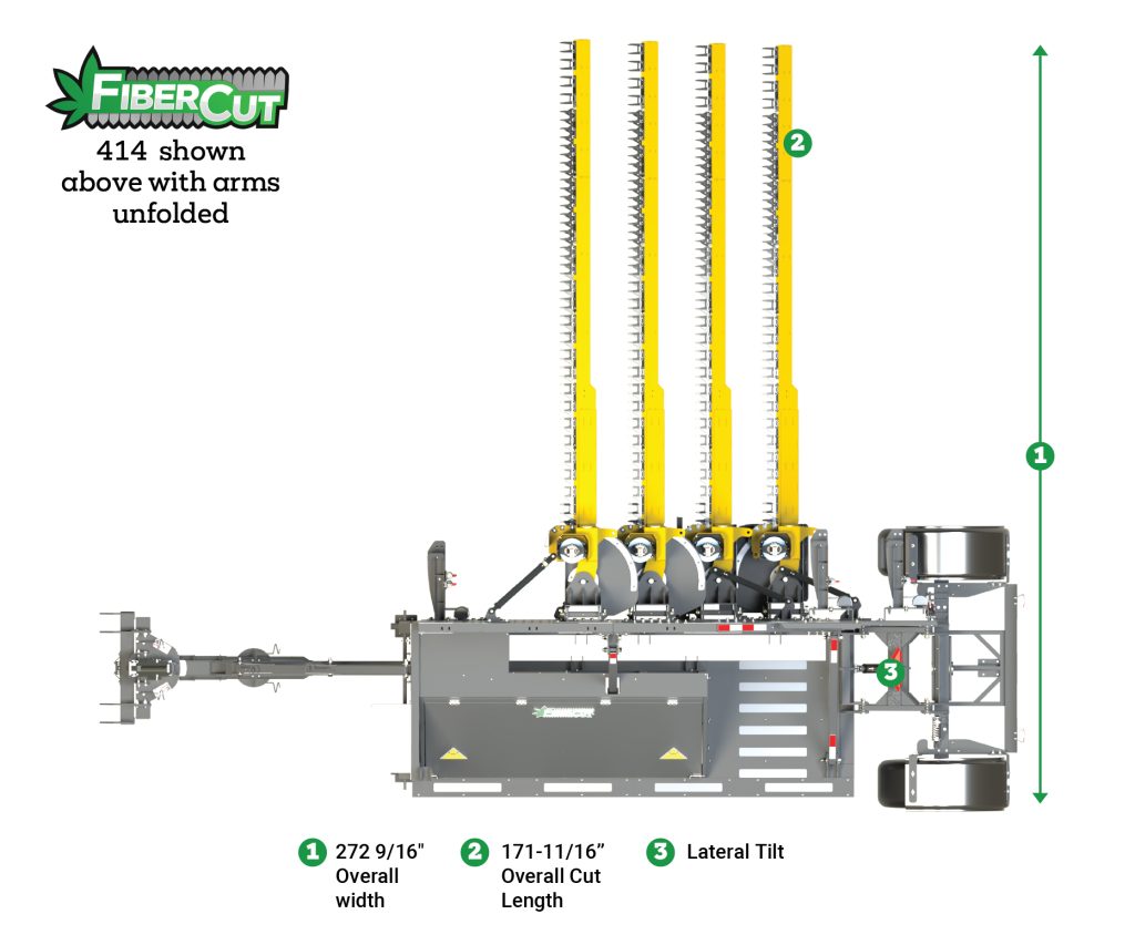 Top-view rendering of Bish FiberCut - model 414 with arms fully extended for maximum cutting width