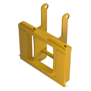 UHM Hyster 155 Custom Mount Assembly attached to forklift—heavy-duty construction for reliable implement transport with Bish Implement Mover.