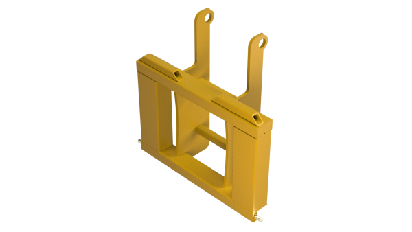 UHM Hyster 155 Custom Mount Assembly attached to forklift—heavy-duty construction for reliable implement transport with Bish Implement Mover.