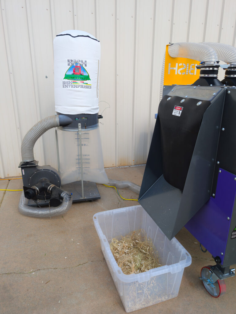 Close-up detail of Bish Decorticator fiber output section