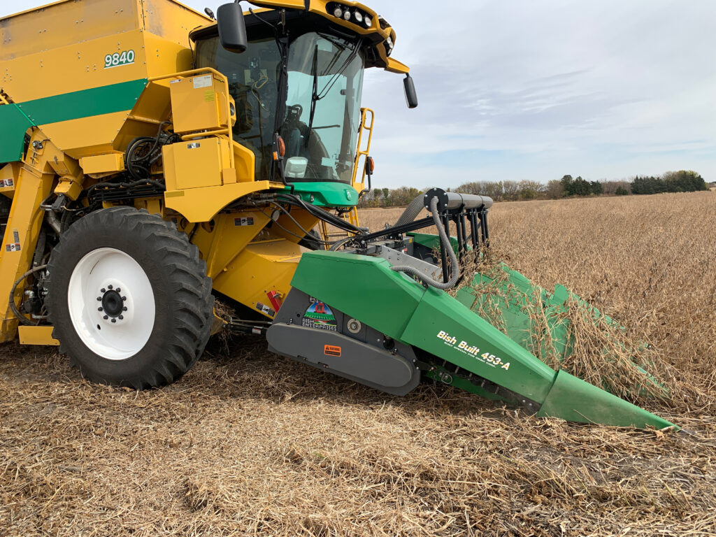 Bish split-feed header in use on Oxbo unit for precision crop research