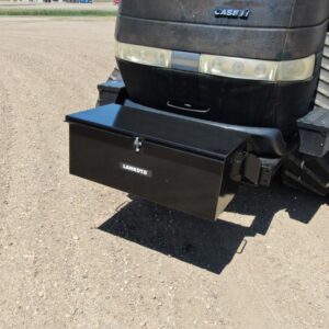 Large volume toolbox for Case IH equipment mounted on implement frame