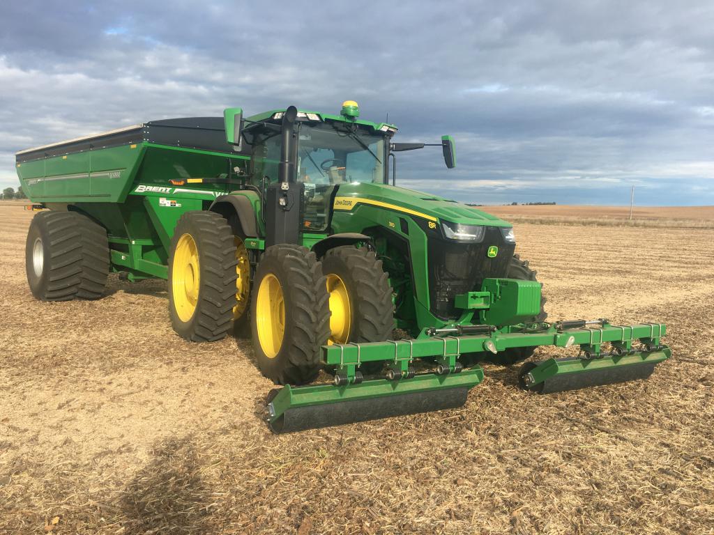 Side view of John Deere stalk rollers showing roller width and frame