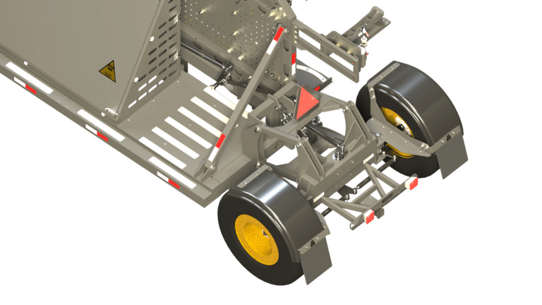 Close-up of FiberCut mechanical follow-steer rear axle and steering linkage